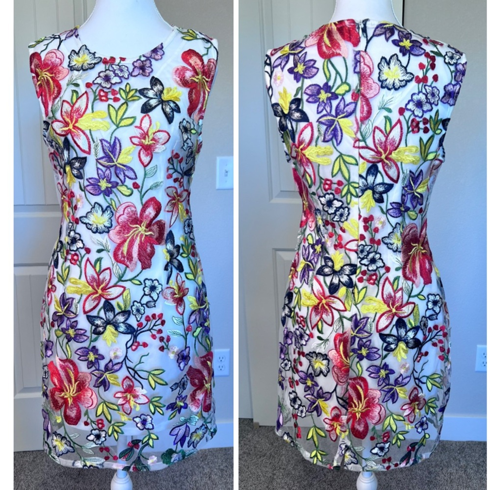 Alexia Admor Embroidered Floral Sheer Overlay Lined Sleeveless Dress Sz 4